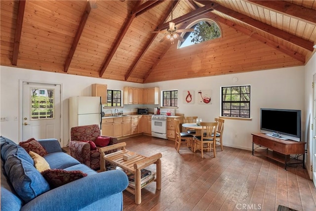 13155 San Antonio Rd, Atascadero, CA 93422 - living room featuring wooden ceiling, high vaulted ceiling, hardwood / wood-style flooring, beamed ceiling, and a ceiling fan