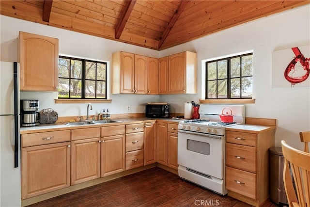 13155 San Antonio Rd, Atascadero, CA 93422 - kitchen with white range with gas stovetop, a sink, black microwave, freestanding refrigerator, and wood ceiling