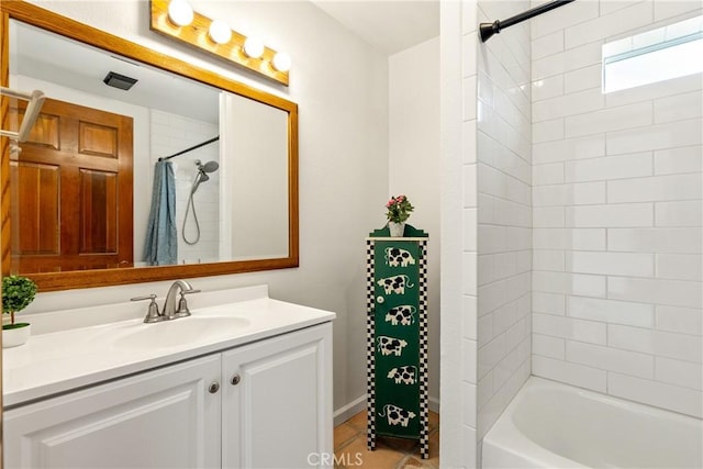 13155 San Antonio Rd, Atascadero, CA 93422 - bathroom with shower / tub combo with curtain, vanity, and tile patterned flooring