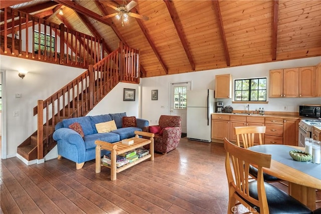 13155 San Antonio Rd, Atascadero, CA 93422 - living area with wood ceiling, stairs, dark wood finished floors, high vaulted ceiling, and ceiling fan