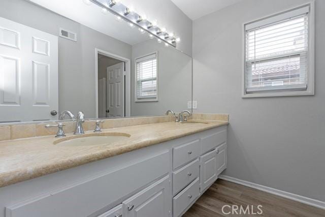 full bathroom featuring double vanity, wood finished floors, baseboards, and a sink