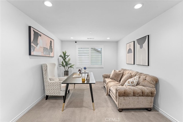 office area with visible vents, light carpet, baseboards, and recessed lighting
