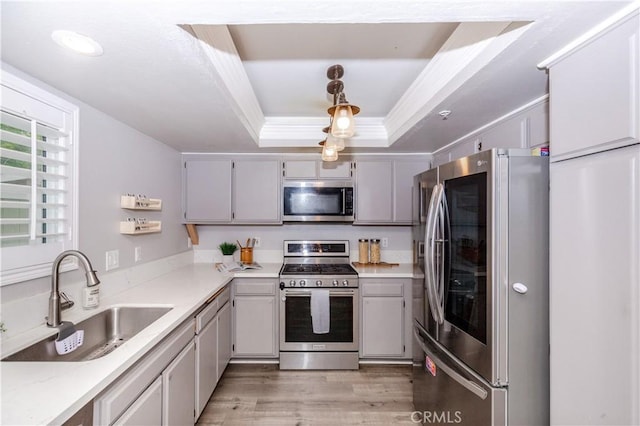 kitchen with light wood-style floors, light countertops, a tray ceiling, a sink, and stainless steel appliances