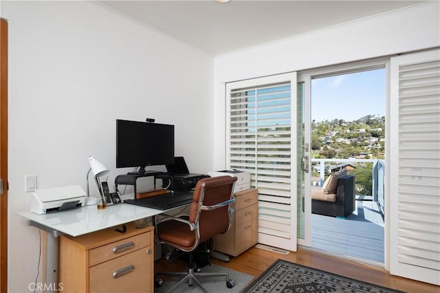 office space with crown molding and wood finished floors