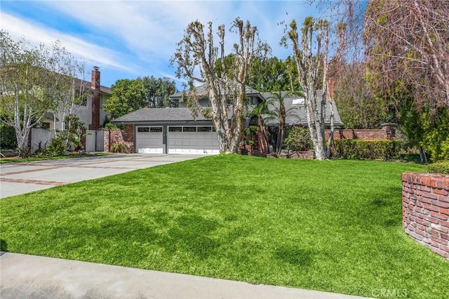 mid-century modern home with concrete driveway, an attached garage, and a front lawn