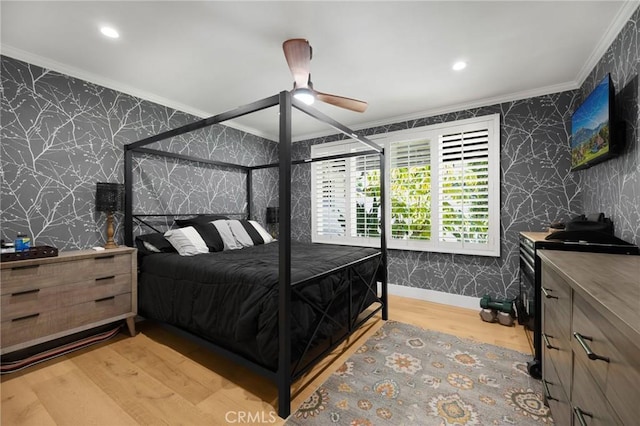 bedroom featuring wallpapered walls, recessed lighting, crown molding, ceiling fan, and wood finished floors