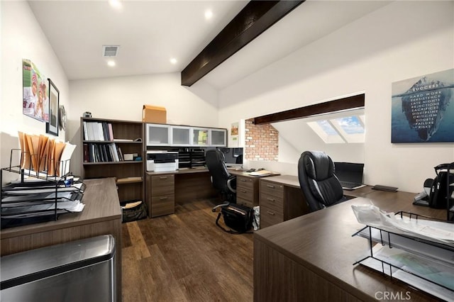 office space with dark wood-style flooring, lofted ceiling with beams, visible vents, and recessed lighting