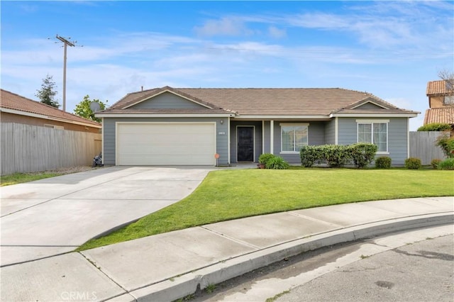 single story home featuring fence, driveway, a front yard, and a garage