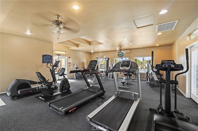 workout area with ceiling fan, attic access, recessed lighting, baseboards, and visible vents