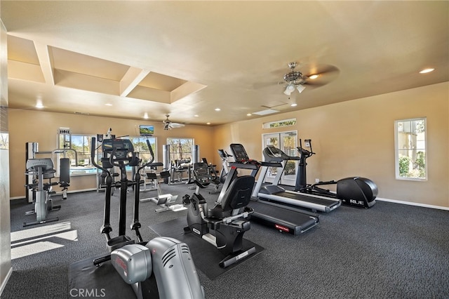 workout area with baseboards, ceiling fan, coffered ceiling, and recessed lighting