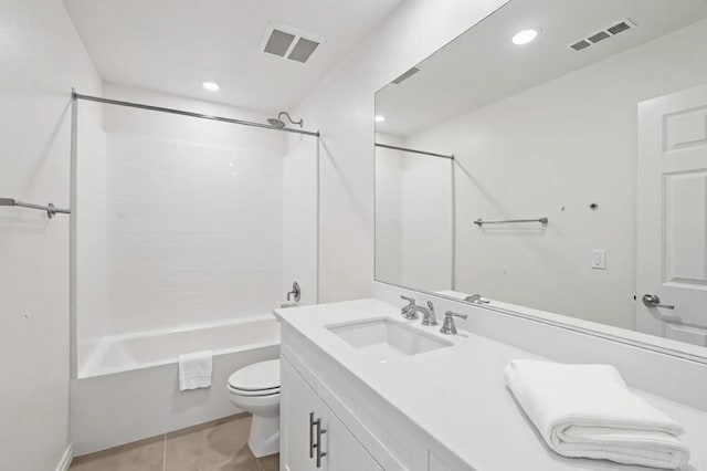 bathroom with tile patterned floors, visible vents, toilet, and vanity