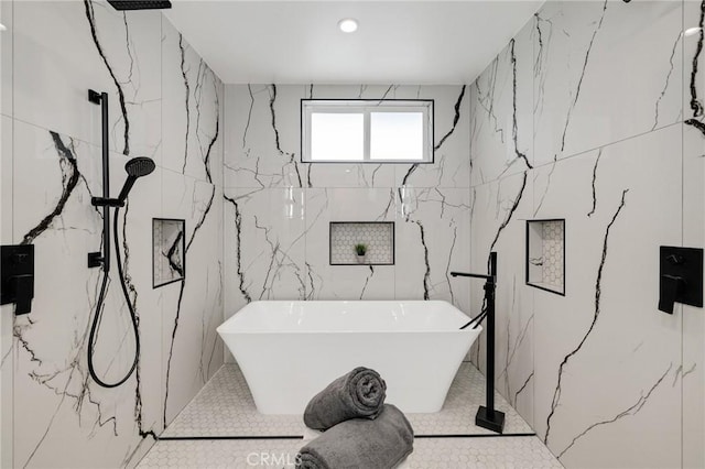 201 S Juanita Ave, Redondo Beach, CA 90277 - full bath with a soaking tub, tile walls, and a marble finish shower