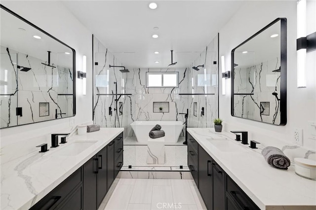 201 S Juanita Ave, Redondo Beach, CA 90277 - bathroom featuring a marble finish shower, a freestanding tub, two vanities, and recessed lighting