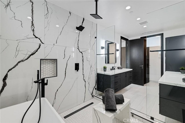 201 S Juanita Ave, Redondo Beach, CA 90277 - bathroom featuring two vanities, a marble finish shower, a freestanding tub, and recessed lighting