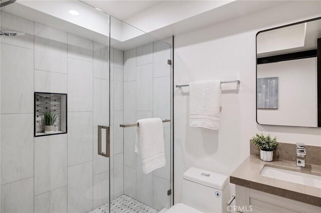 201 S Juanita Ave, Redondo Beach, CA 90277 - bathroom with vanity, a shower stall, and recessed lighting