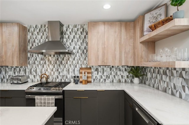 3876 Edgehill Dr, Los Angeles, CA 90008 - kitchen featuring wall chimney exhaust hood, stainless steel appliances, open shelves, backsplash, and light countertops