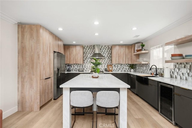 3876 Edgehill Dr, Los Angeles, CA 90008 - kitchen featuring beverage cooler, refrigerator with ice dispenser, wall chimney range hood, open shelves, and modern cabinets