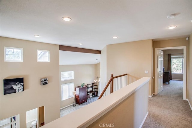 45924 Via Ln, Colorada, Temecula, CA 92592 - hallway with an upstairs landing, plenty of natural light, baseboards, light colored carpet, and recessed lighting