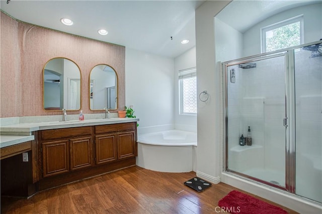 45924 Via Ln, Colorada, Temecula, CA 92592 - bathroom with a stall shower, wood finished floors, double vanity, a bath, and plenty of natural light