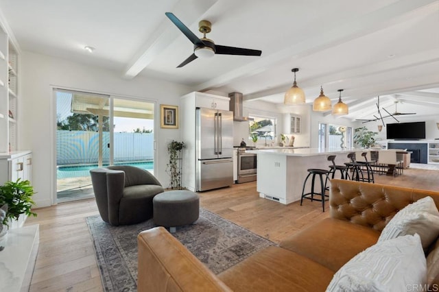 5171 College Gardens Ct, San Diego, CA 92115 - living room featuring a ceiling fan, beamed ceiling, and light wood-style floors