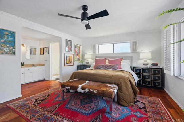5171 College Gardens Ct, San Diego, CA 92115 - bedroom featuring crown molding, wood finished floors, connected bathroom, and ceiling fan