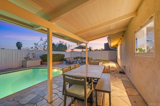 5171 College Gardens Ct, San Diego, CA 92115 - patio terrace at dusk featuring a patio, a fenced backyard, and outdoor dining space