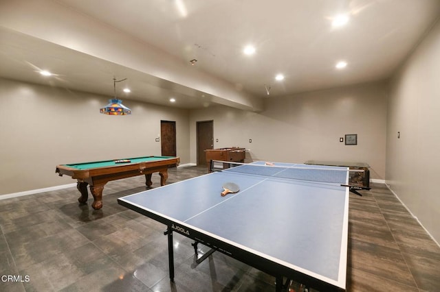 playroom with recessed lighting, pool table, and baseboards