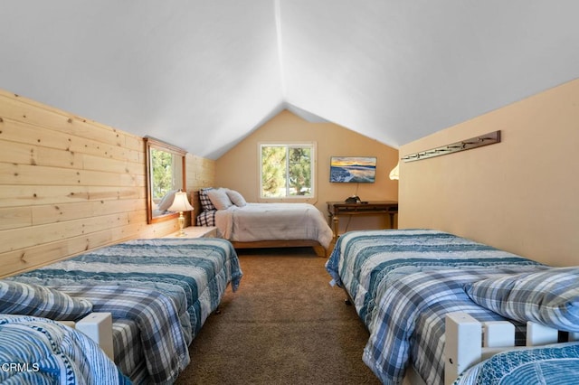 carpeted bedroom with vaulted ceiling