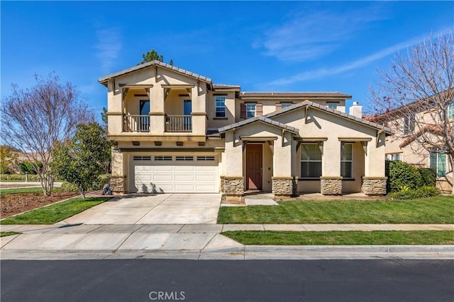 3070 Sand Pine Trl, Hemet, CA 92545 - view of front facade with a balcony, driveway, stucco siding, a garage, and stone siding