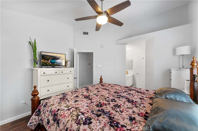 bedroom featuring visible vents, a ceiling fan, ensuite bath, dark wood finished floors, and baseboards