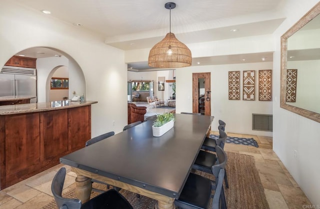 112 La Veta Ave, Encinitas, CA 92024 - dining space with stone tile floors, recessed lighting, arched walkways, and visible vents