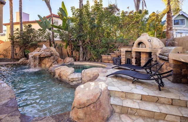 112 La Veta Ave, Encinitas, CA 92024 - view of swimming pool with an outdoor kitchen, a patio, a fenced backyard, and area for grilling