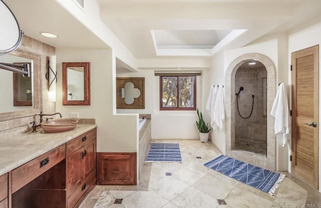 112 La Veta Ave, Encinitas, CA 92024 - bathroom with visible vents, tile patterned flooring, vanity, a walk in shower, and a tray ceiling