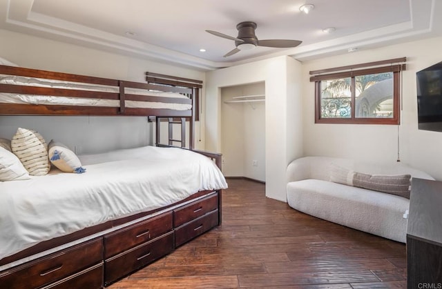 112 La Veta Ave, Encinitas, CA 92024 - bedroom featuring ceiling fan, dark wood finished floors, a closet, a tray ceiling, and recessed lighting