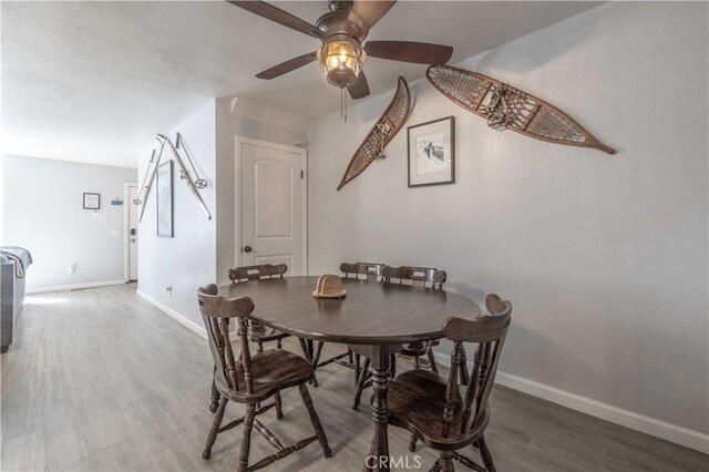 723 Summit Blvd, Big Bear Lake, CA 92315 - dining area featuring wood finished floors, baseboards, and a ceiling fan