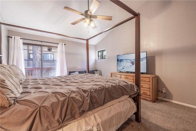 723 Summit Blvd, Big Bear Lake, CA 92315 - bedroom featuring lofted ceiling, baseboards, access to exterior, ceiling fan, and carpet