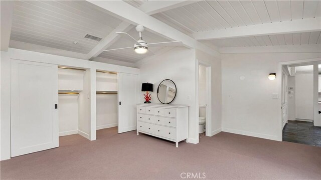 3317 Lees Ave, Long Beach, CA 90808 - carpeted bedroom with two closets, beam ceiling, baseboards, ceiling fan, and wood ceiling