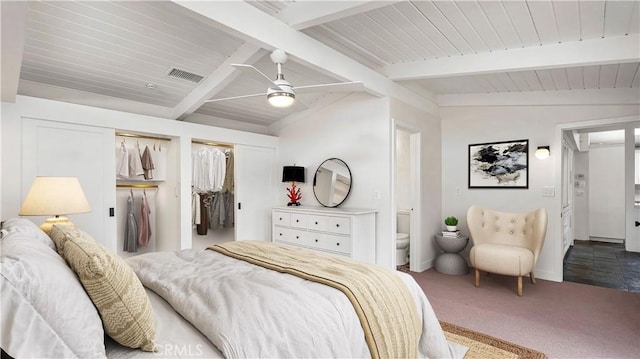 3317 Lees Ave, Long Beach, CA 90808 - carpeted bedroom featuring a closet, ceiling fan, connected bathroom, wood ceiling, and baseboards