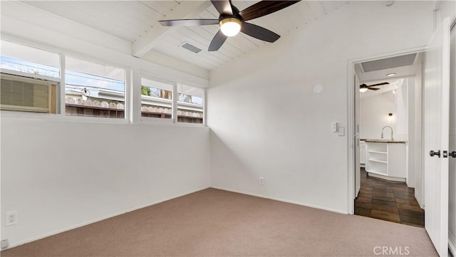 3317 Lees Ave, Long Beach, CA 90808 - carpeted empty room with ceiling fan, baseboards, cooling unit, a sink, and wooden ceiling