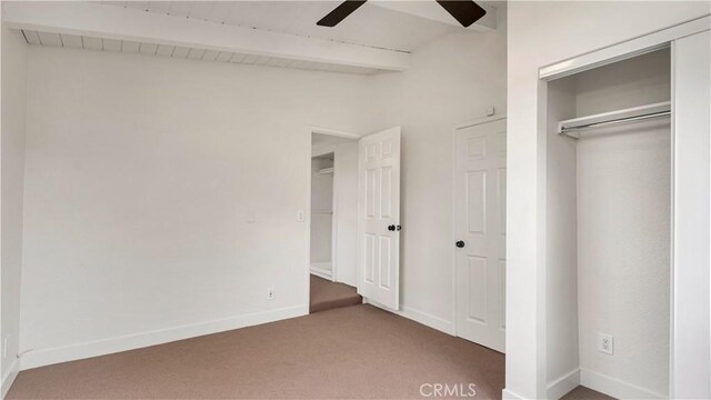 3317 Lees Ave, Long Beach, CA 90808 - unfurnished bedroom with beam ceiling, carpet, baseboards, a closet, and ceiling fan