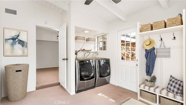 3317 Lees Ave, Long Beach, CA 90808 - laundry room featuring washing machine and clothes dryer, carpet flooring, and a ceiling fan