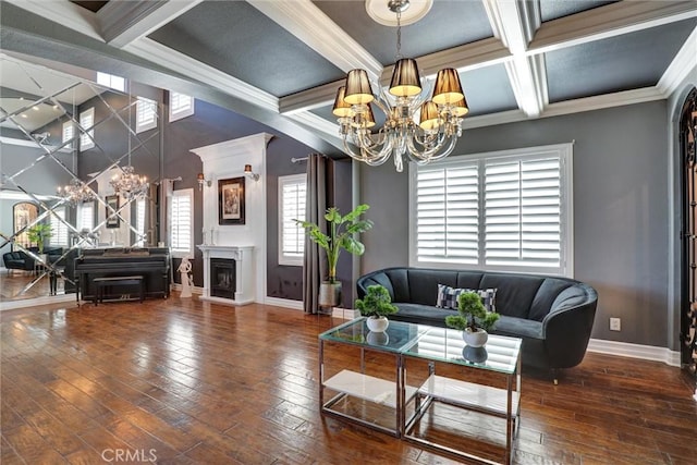 1610 Via Roma Cir, Corona, CA 92881 - living area with hardwood / wood-style flooring, baseboards, a chandelier, and coffered ceiling
