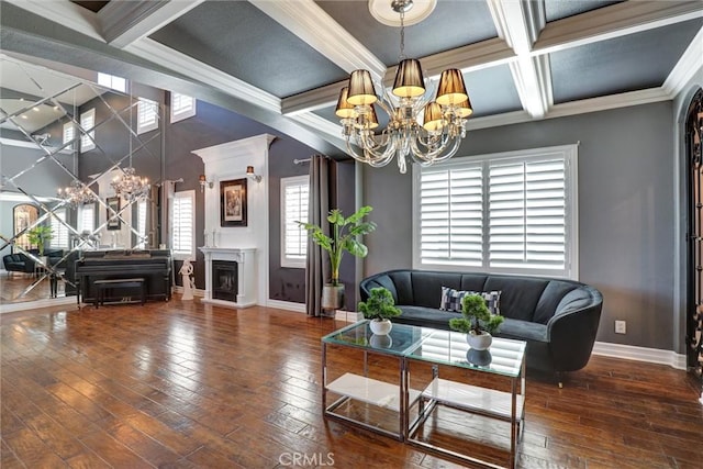 1610 Via Roma Cir, Corona, CA 92881 - living room with a chandelier, coffered ceiling, hardwood / wood-style floors, beamed ceiling, and ornamental molding