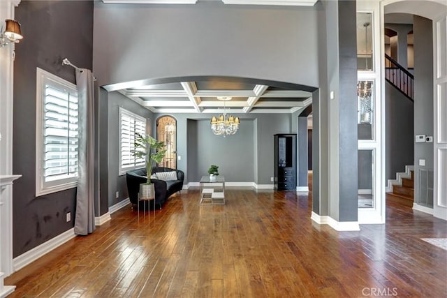 1610 Via Roma Cir, Corona, CA 92881 - foyer with stairway, hardwood / wood-style flooring, arched walkways, coffered ceiling, and a chandelier