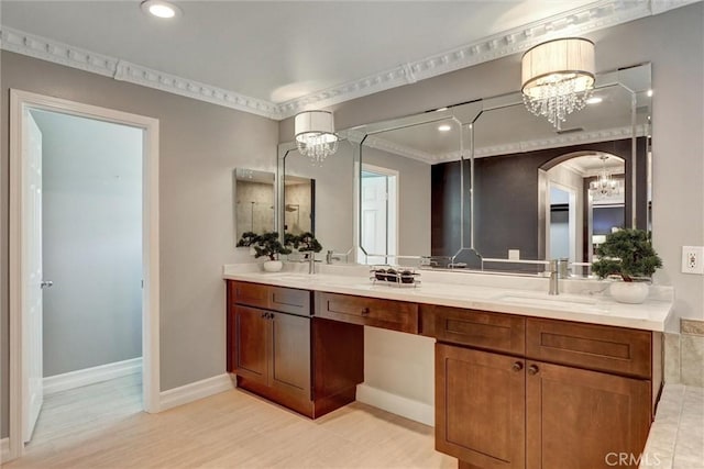 1610 Via Roma Cir, Corona, CA 92881 - full bath with wood finished floors, a sink, double vanity, baseboards, and a notable chandelier