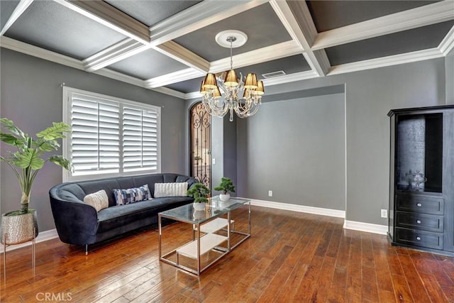 1610 Via Roma Cir, Corona, CA 92881 - living room with hardwood / wood-style floors, an inviting chandelier, coffered ceiling, baseboards, and beam ceiling
