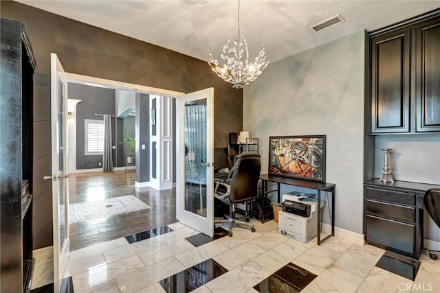 1610 Via Roma Cir, Corona, CA 92881 - home office featuring french doors, arched walkways, baseboards, visible vents, and an inviting chandelier