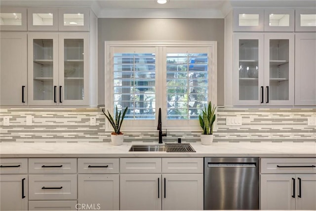 1610 Via Roma Cir, Corona, CA 92881 - kitchen featuring dishwasher, white cabinetry, backsplash, glass insert cabinets, and ornamental molding