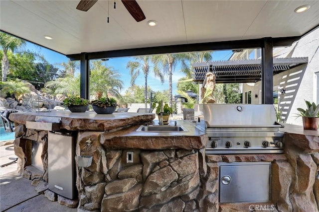 1610 Via Roma Cir, Corona, CA 92881 - view of patio with exterior kitchen and a ceiling fan