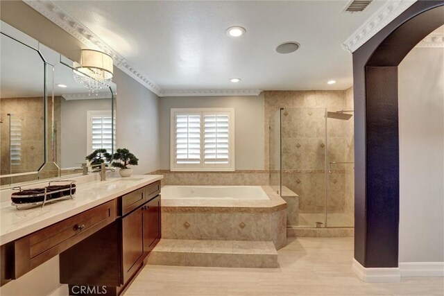 1610 Via Roma Cir, Corona, CA 92881 - bathroom featuring recessed lighting, visible vents, vanity, a bath, and a stall shower